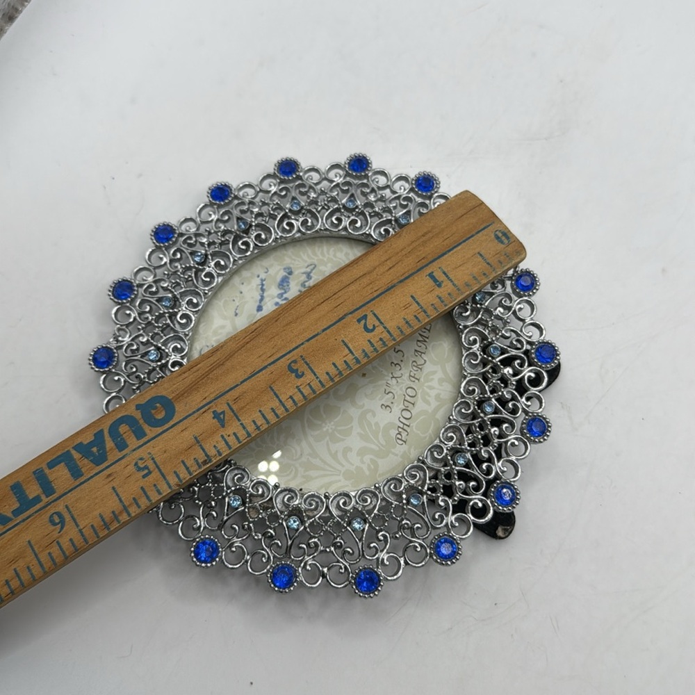Sunflower Designs Silver Tone Blue Rhinestone Ornate Round Photo Frame - Picture 4 of 7